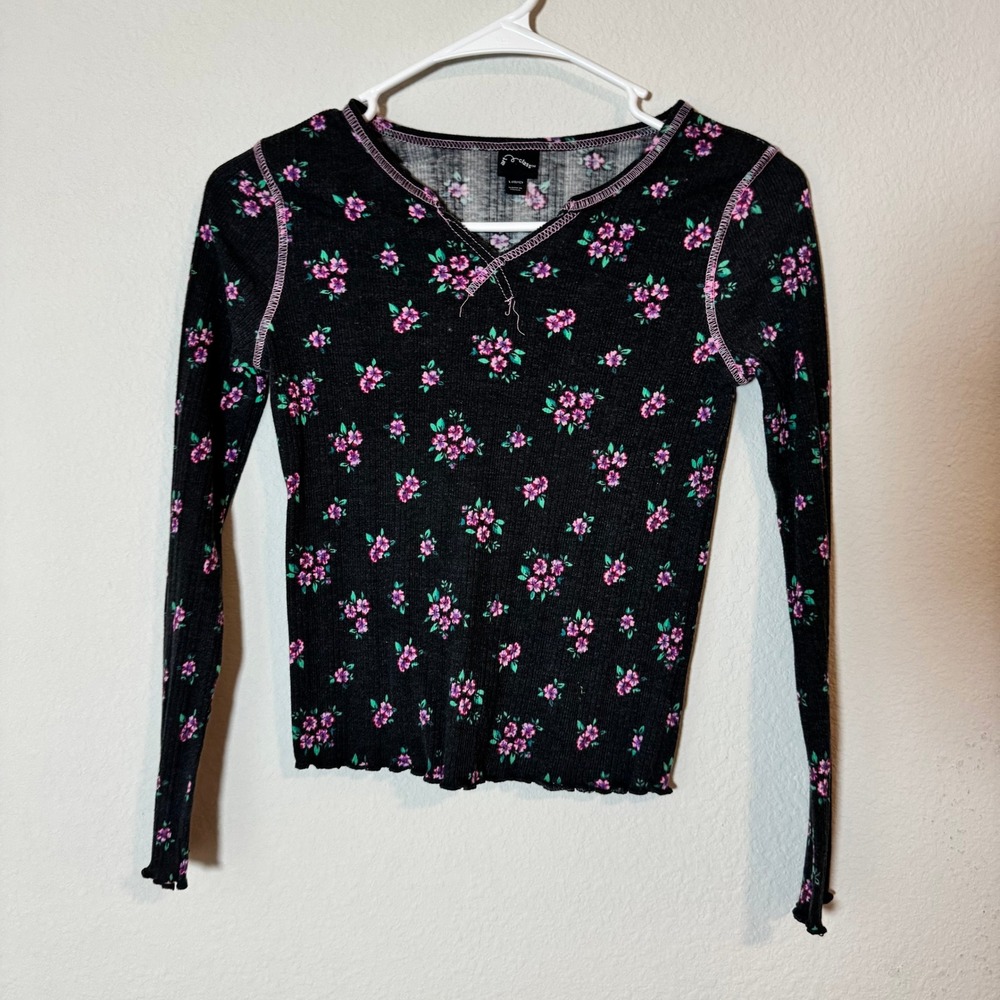 Art Class Girls Ribbed Long Sleeve Floral Top Gray Purple Pink‎ Size L 10/12 Y2K